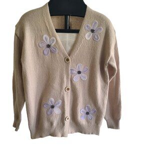 Beige Floral Cottagecore Embroidered Cardigan Sweater Size Medium Grandmacore